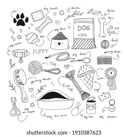 Modern hand drawn vector illustration of dog accessories. Pet objects: leash, collar, charm, dog food, bowl, toys and floral elements. Graphic perfect for stickers, logo, advertising, blogs, instagram