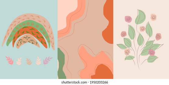 Modern hand drawn vector illustration. Fairy rainbow, bouquet of flowers, background in the style of minimalism
