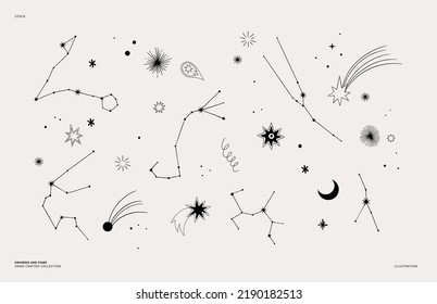 Modern hand drawn vector illustration of constellations, planet, star, sun, comet. Mystical astrology. Universe line drawings. Solar system. Starry sky. Perfect for tarot, tattoo, cards, articles