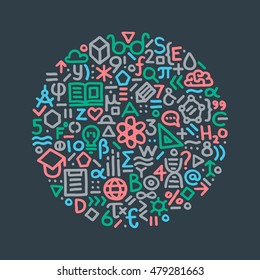 Modern hand drawn vector illustration with different education, school and science theme signs and symbols include book, globe, flask, brain, atom.