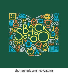 Modern hand drawn vector illustration with text: back to school and different education and science symbols include book, globe, flask, brain. 