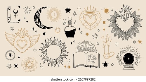 Modern hand drawn vector illustrations with magic symbols, crescent moon, sun, magic ball and books. Perfect for cards, embroidery, covers, prints