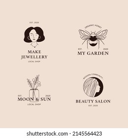 Modern hand drawn vector illustrations with magic logos. Beauty salon, Organic shop, jewellery, floral shop. Linear drawing. Perfect for logo, branding, social media, cards, prints