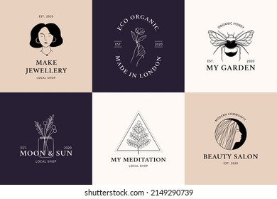 Modern hand drawn vector illustrations with magic logos. Beauty salon, Organic shop, jewellery, floral shop. Linear drawing. Perfect for logo, branding, social media, cards, prints