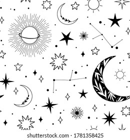 Modern hand drawn vector seamless pattern of planet, star, sun, comet. Universe line drawings. Solar system and Cosmos background. Trendy space signs with floral motifs, constellation, moon phases