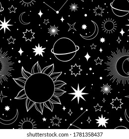 Modern hand drawn vector seamless pattern of planet, star, sun, comet. Universe line drawings. Solar system and Cosmos background. Trendy space signs with floral motifs, constellation, moon phases