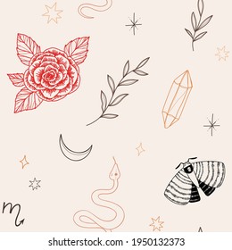 Vector moderno de mano sin fisuras patrón de luna, serpiente, flores y hojas florales, elementos mágicos. Dibujo de líneas abstractas, polilla, cristal, fondo de tatuajes. Pancartas espaciales de moda con motivos florales.