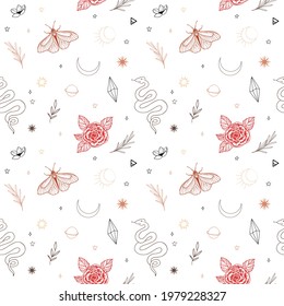 Modern hand drawn vector seamless pattern of moon, snake, flowers and floral leaves, magic elements. Abstract line drawing, moth, crystal, tattoo background. Trendy space signs of floral motifs