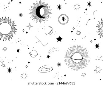 Modern hand drawn vector seamless pattern of planet, star, sun, comet. Universe line drawings. Solar system and Cosmos background. Trendy space signs with magic motifs, constellation, moon phases