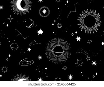 Modern hand drawn vector seamless pattern of planet, star, sun, comet. Universe line drawings. Solar system and Cosmos background. Trendy space signs with magic motifs, constellation, moon phases