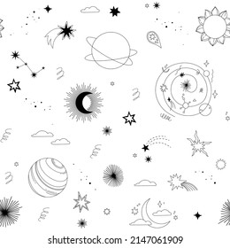 Modern hand drawn vector seamless pattern - cosmos and planets, stars, sun, comets. Universe line drawings. Solar system background. Trendy space signs with magic motifs, constellation, moon phases