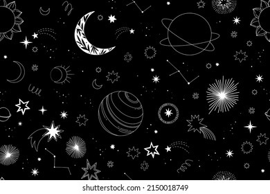 Modern Hand Drawn Vector Seamless Pattern - Cosmos And Planets, Stars, Sun, Comets. Universe Line Drawings. Solar System Background. Trendy Space Signs With Magic Motifs, Constellation, Moon Phases