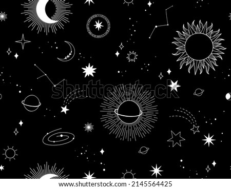 Modern hand drawn vector seamless pattern of planet, star, sun, comet. Universe line drawings. Solar system and Cosmos background. Trendy space signs with magic motifs, constellation, moon phases