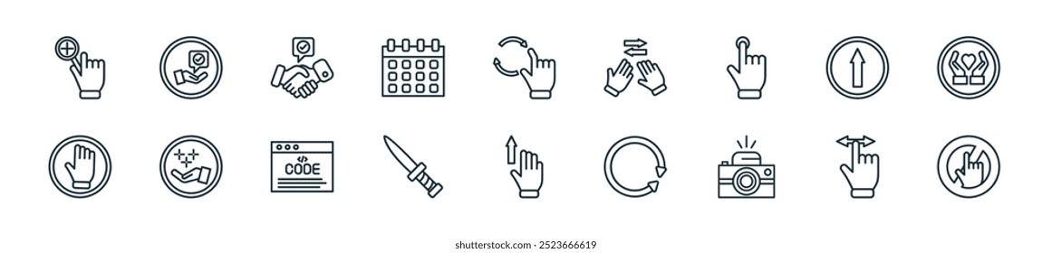 modern hand gestures icon pack. perfect for linear ui designs featuring vector dont touch, scroll, camera, rotation, flick, knife, code and more icons for mobile and web apps.