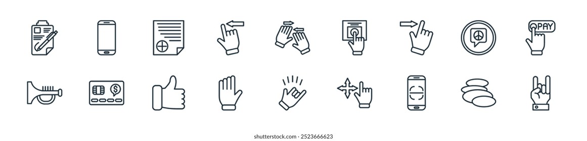 modern hand gestures icon pack. perfect for linear ui designs featuring vector rock on, zen, scan, drag, call me, hand, thumbs up and more icons for mobile and web apps.
