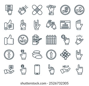 modern hand gestures icon pack. perfect for linear ui designs featuring vector one finger, helping hand, flick, smartphone, hold and more icons.
