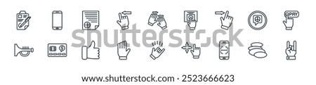 modern hand gestures icon pack. perfect for linear ui designs featuring vector rock on, zen, scan, drag, call me, hand, thumbs up and more icons for mobile and web apps.