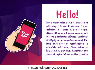 Modern hand showing screen of smartphone. Simple flat illustration of hand holding mobile phone