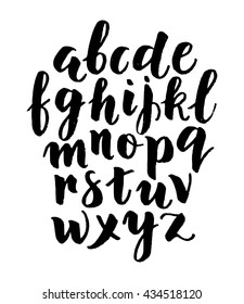 Modern hand written calligraphy alphabet. Educational poster with latin alphabet letters. Alphabet lowercase letters written with brush. 
