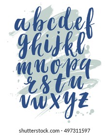 Modern hand written calligraphy alphabet. Educational poster with latin alphabet letters. 
