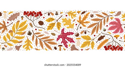 Moderno borde impecable de otoño dibujado a mano. Estilo de doodle a la moda. Decoración de otoño colorida. Roble, arce, hojas de rowan, bayas de rowan, bellotas, agujas de pino. Colores amarillos, rojos y marrones. Fondo blanco.