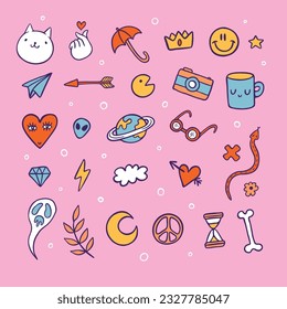 Modern hand-drawn color icons and stickers set on pink background. Emoji decorative elements vector illustrations. Filled line images