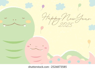 Modern and hand-drawn cute New Year's card of a snake parent and child for 2025, Year of the Snake_For kids, babies, families, and children's New Year's greetings