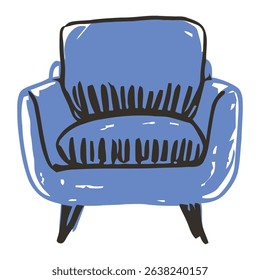 A modern hand-drawn design of a boxy blue armchair, combining comfort with a bold, simplistic aesthetic for stylish interior spaces.
