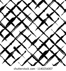 Modern handdrawn diagonal checkered seamless pattern. Messy striped endless ornament with black hand painted strokes on white background. Stylish vector design for fabric, wallpaper, wrapping