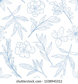Modern hand-drawn floral seamless vector patterns, bright colorful flowers, 