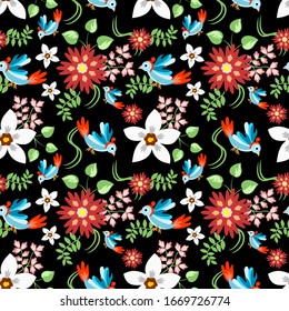 Modern hand-drawn floral seamless vector patterns, bright colorful