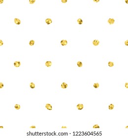 Modern hand-drawn golden confetti points painted on white background. Gold vector seamless abstract pattern. Hand painted template for cards, paper design, textile print.