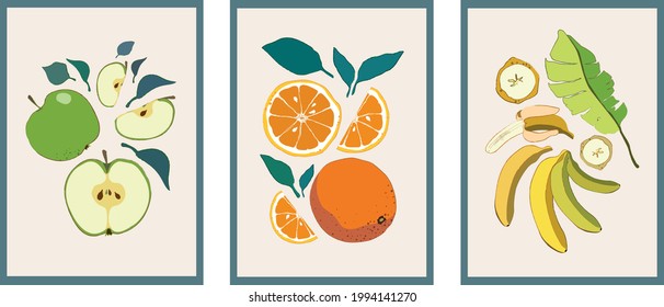 Modern hand-drawn illustration with bananas,oranges,apples for decorative design. Vector illustration design. Vegetarian food. Modern vector illustration. Isolated object. - Shutterstock ID 1994141270