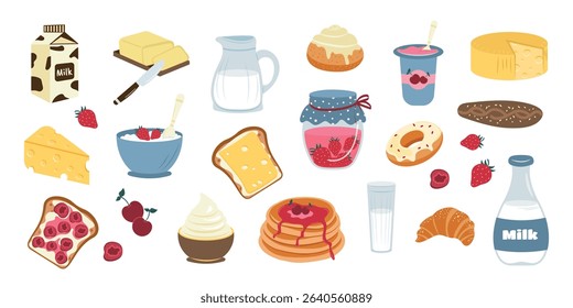 A modern hand-drawn illustration of a breakfast set, a delicious snack. Dairy products, pastries, berries, desserts. Vector flat illustration.