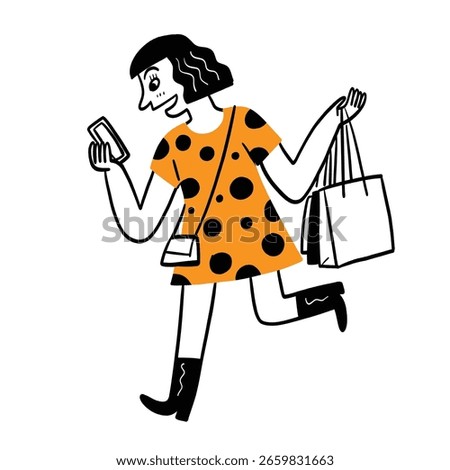 A modern hand-drawn illustration of a stylish woman in a polka dot dress walking with shopping bags while looking at her smartphone. This image represents the contemporary lifestyle of multitasking.