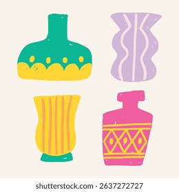 Modern handdrawn vase shapes in bold colors and patterns. Ideal for prints, packaging, home decor, and trendy art projects.