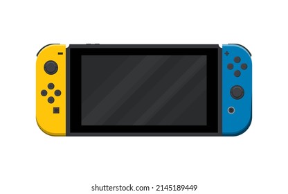 Modern handheld game console in vector. Cartoon colorful portable game console isolated on white background. Illustration with separate layers. Clipart on the theme video games.