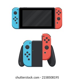 Modern handheld game console in vector. Cartoon colorful portable game console with wireless gamepad isolated on white background. Illustration with separate layers. Clipart on the theme video games.