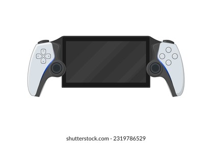Modern handheld game console in vector.
Video game console template.
Cartoon portable game console isolated on white background.
Illustration with separate layers. Clipart on the theme video games. svg