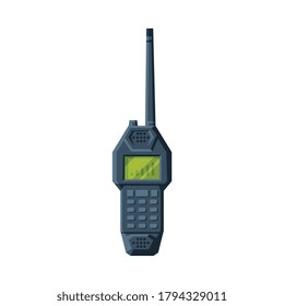 Modern Handheld Radio Transmitter, Black Portable Radio Device with Screen and Antenna Flat Vector Illustration