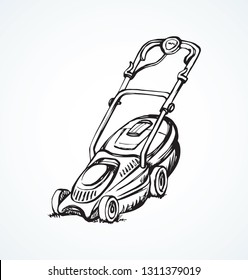 Modern handle grasscutter scythe device on white ground space for text. Freehand outline black ink hand drawn turf shear chore machinery object logo emblem pictogram design sketchy in art doodle style