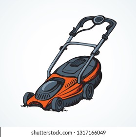 Modern handle grasscutter scythe device on white ground space for text. Freehand outline black ink hand drawn turf shear chore machinery object logo emblem pictogram design sketchy in art doodle style