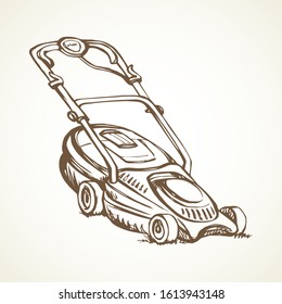 Modern handle grasscutter scythe device on white ground space for text. Freehand outline black ink hand drawn turf shear chore machinery object logo emblem pictogram design sketchy in art doodle style