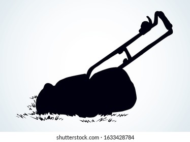 Modern handle grasscutter scythe device on white ground space for text. Freehand outline black ink hand drawn turf shear chore machinery object logo emblem pictogram design sketchy in art doodle style