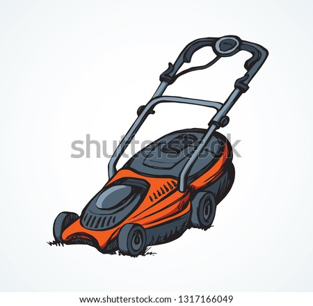 Modern handle grasscutter scythe device on white ground space for text. Freehand outline black ink hand drawn turf shear chore machinery object logo emblem pictogram design sketchy in art doodle style
