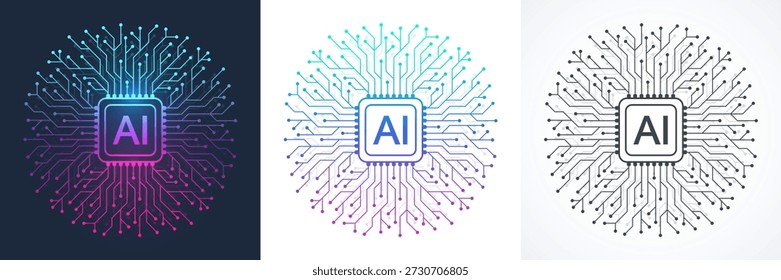 Modern handmade vector for icon, sign, logo circuit line style in the Artificial intelligence concept. Set AI processor icon flat design. Motherboard digital chip AI