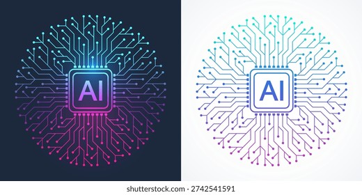 Modern handmade vector icon, sign, logo circuit line style in the Artificial intelligence concept. Set AI processor icon flat design. Motherboard digital chip AI