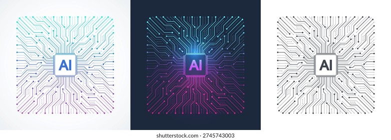 Modern handmade vector icon, sign, logo circuit line style in the Artificial intelligence concept. Set AI processor icon flat design. Motherboard digital chip AI