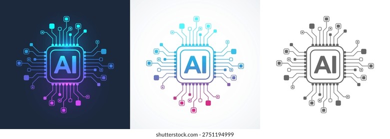 Modern handmade vector icon, sign, logo circuit line style in the Artificial intelligence concept. Set AI processor icon flat design. Motherboard digital chip AI