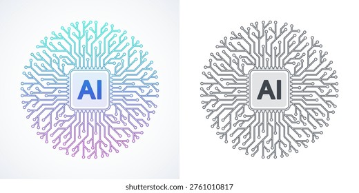 Modern handmade vector icon, sign, logo circuit line style in the Artificial intelligence concept. Set AI processor icon flat design. Motherboard digital chip AI